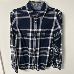 Tommy Hilfiger Navy Blue & White Plaid Button-Up Flannel Shirt Women's Sz M EUC
